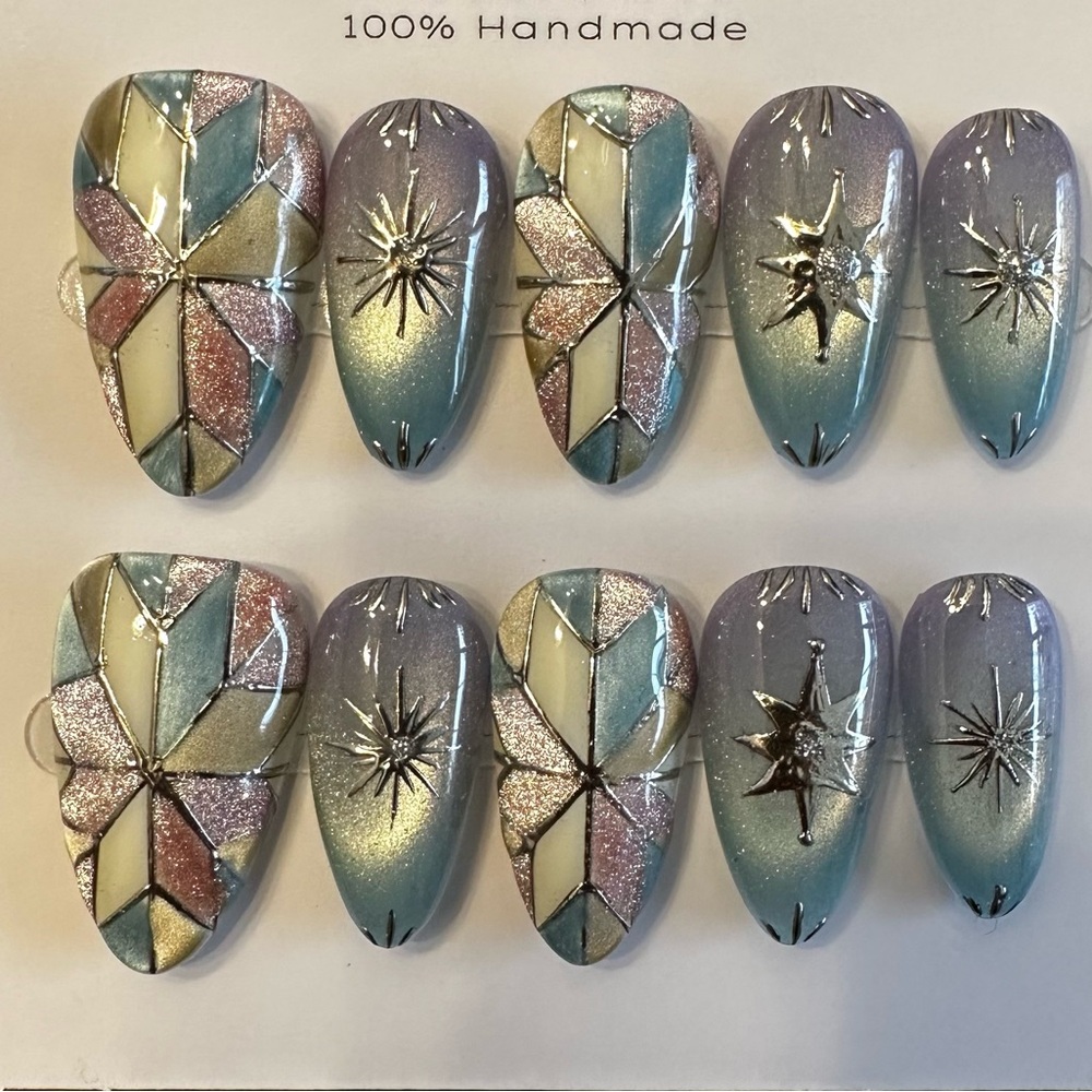 Geometric Glitter Handmade Reusable Press On Nail